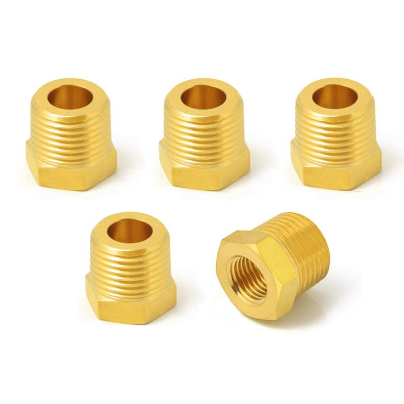 Metaland Brass Reducer Hex Bushing, 1/4" Male NPT to 1/8" Female NPT, Reducing Pipe Adapter Fitting (Pack of 5) - Image 1